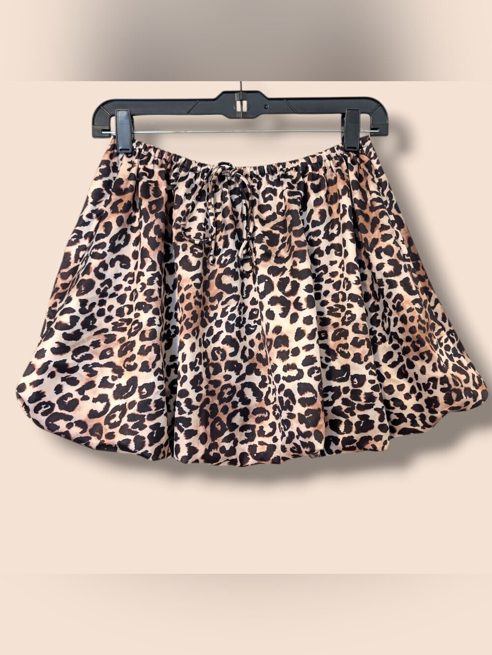 Lena Brown Black Leopard Satin Tie Front Flowy Bubble Mini Skirt SM
